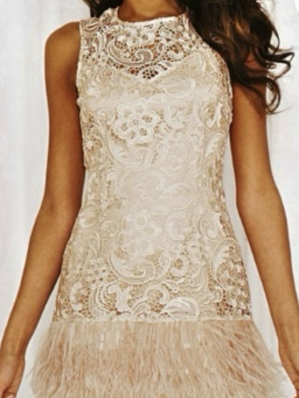 Never worn- Lipsy Cream Lace Shift Dress with Feather Hem